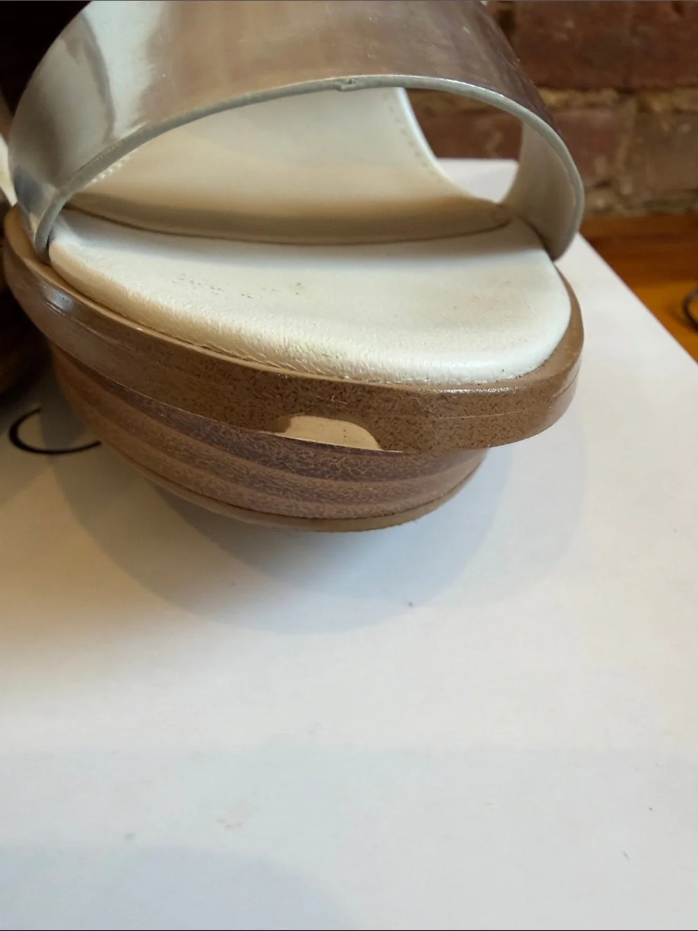Calvin Klein White and Silver Wedge Sandals with Wood-Look Heel